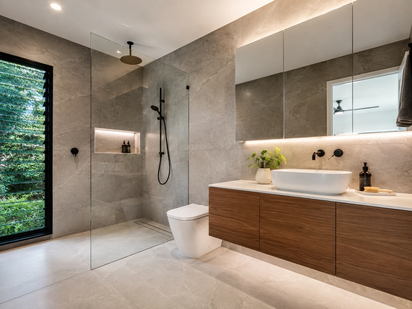 Bathroom inspiration with walk-in shower and wood vanity