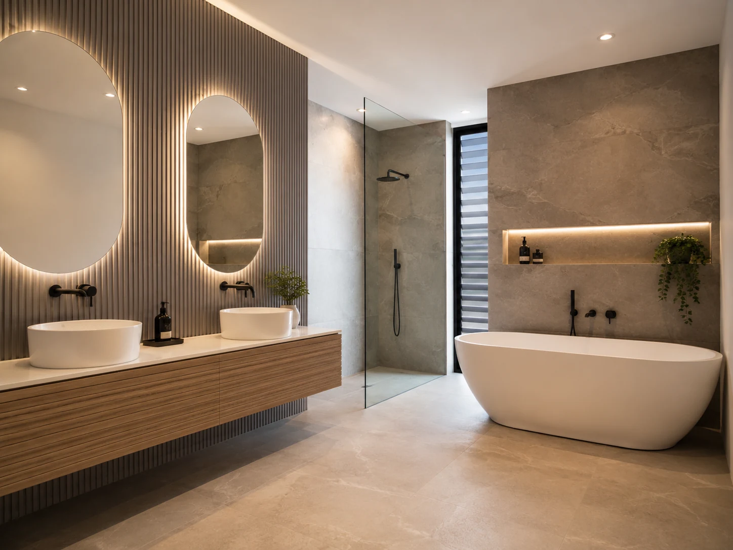 Completed SWD Joinery bathroom project with fitted furniture and modern detailing