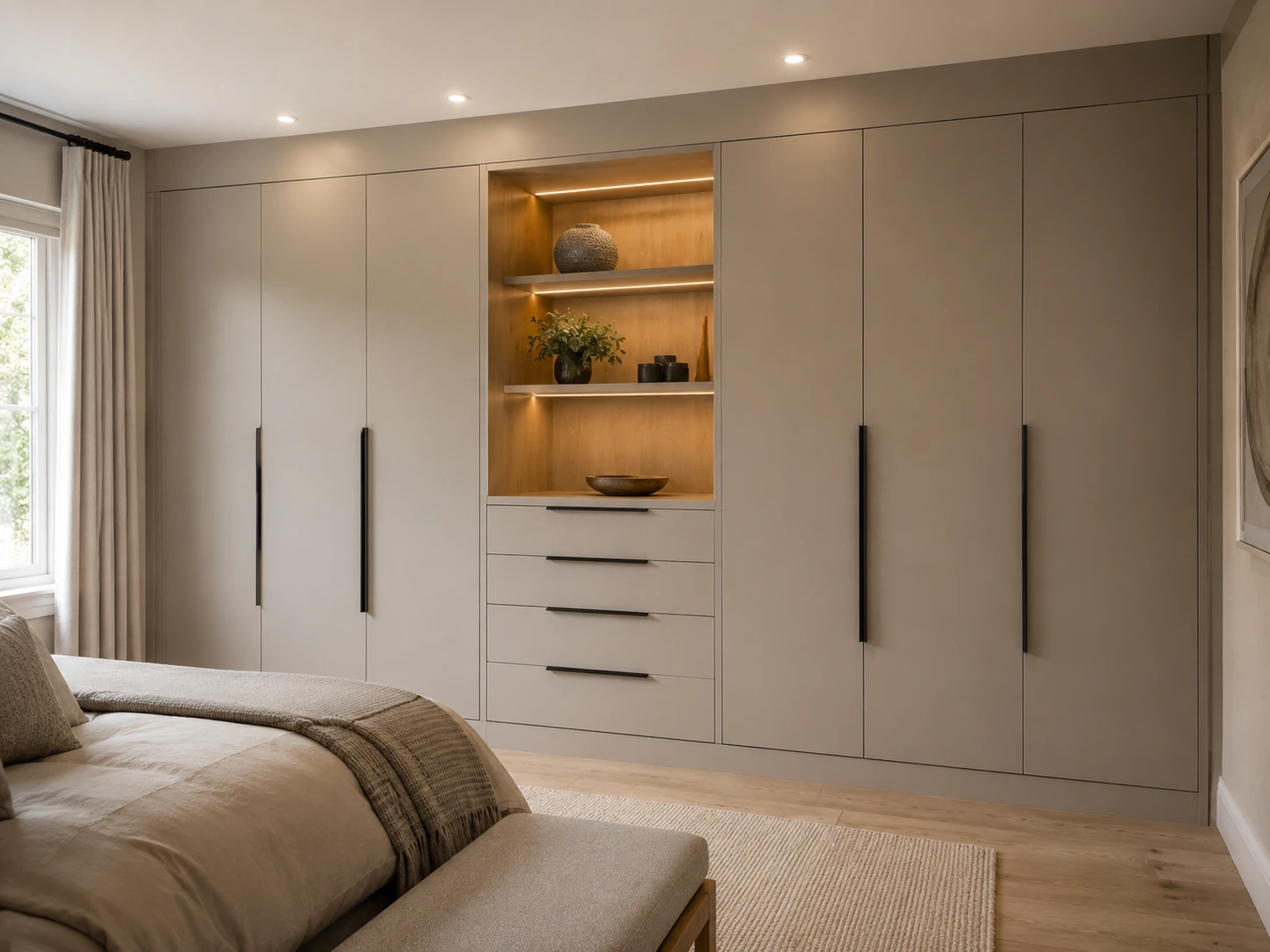 Custom fitted wardrobe inspiration with central shelving and integrated lighting