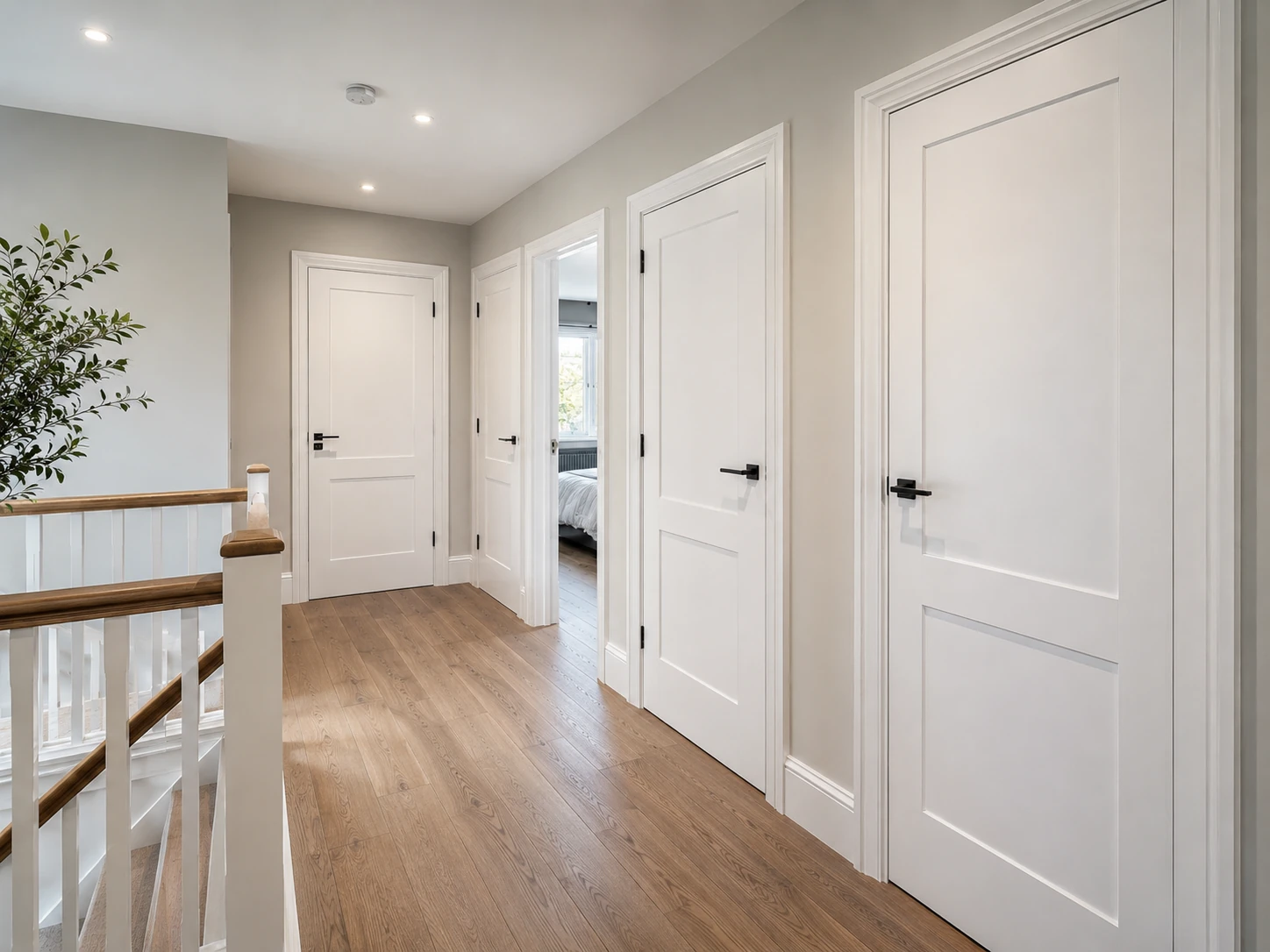 Modern internal door installation inspiration with white panel doors and black handles