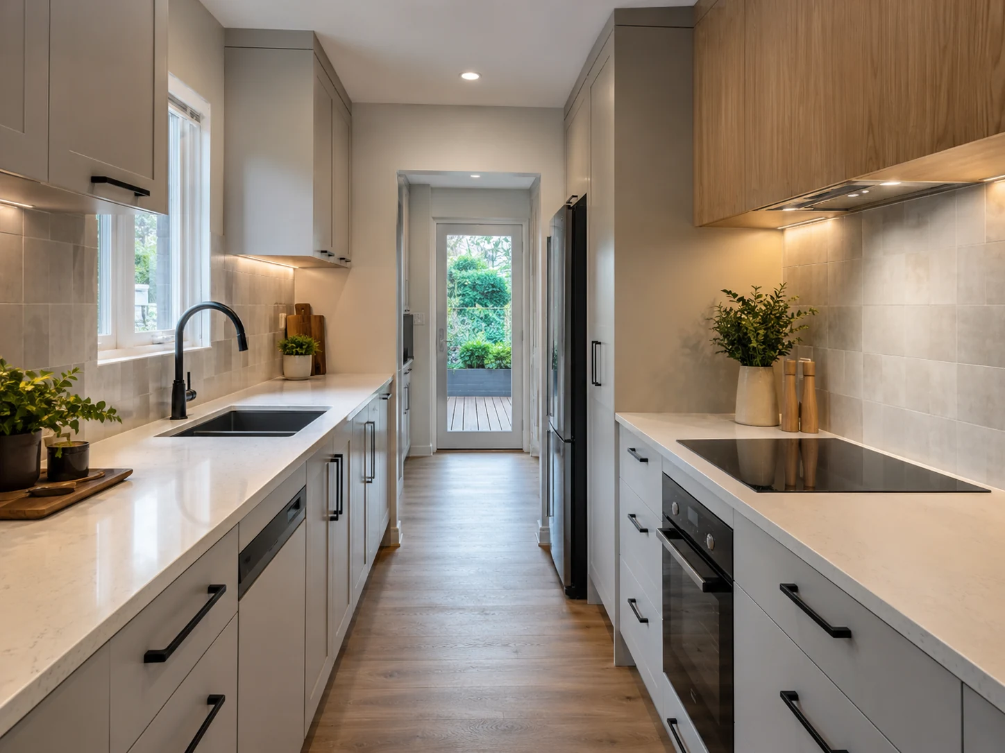 Kitchen inspiration with pale modern galley layout